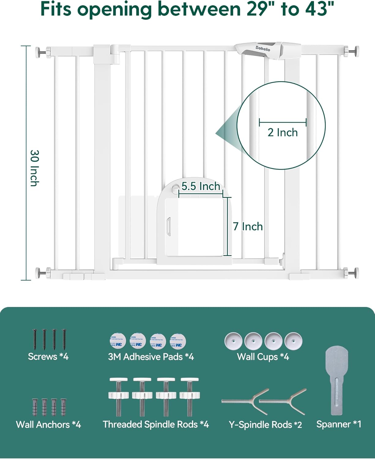 Babelio Baby Gate with Adjustable Cat Door,29-43" Auto Close Durable Pet door for Stairs,Doorways and House,Pressure Mounted,Easy Install,Effortless Walk Thru,White