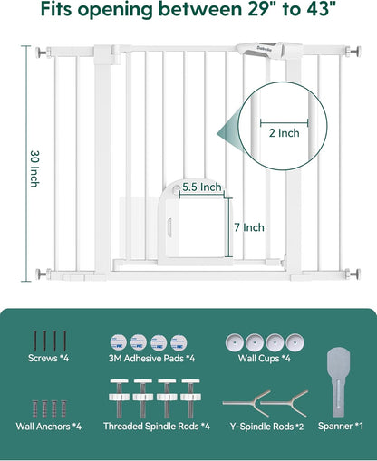 Babelio Baby Gate with Adjustable Cat Door,29-43" Auto Close Durable Pet door for Stairs,Doorways and House,Pressure Mounted,Easy Install,Effortless Walk Thru,White