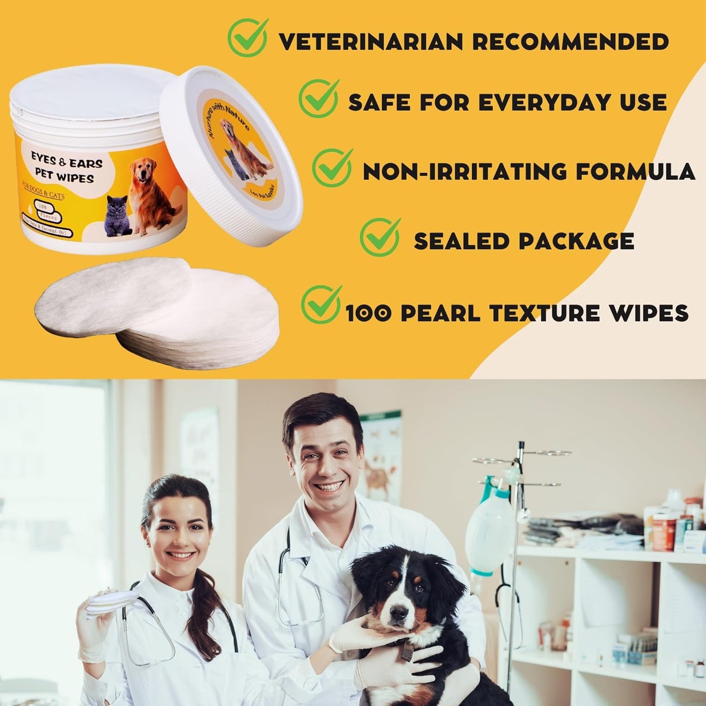 Eye & Ear Wipes for Pets - (100 Count) - Cleanser for Dogs and Cats, Non-Irritating Ingredients; Aloe Essence and Coconut Oil, Specially formulated, Everyday use, Unscented