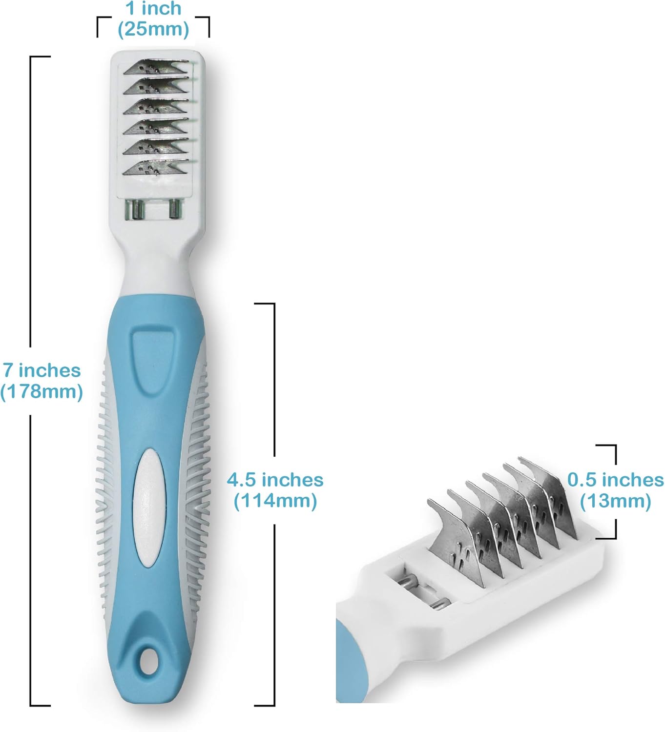 Pets First Professional Pet Mat Remover - Dematting Tool for Grooming Cats & Dogs - Removes Matted Fur, Tangles, Knots, Loose Hair & Dirt - Stainless Steel, Gentle Teeth, Soft Comfort Grip Handle,Blue