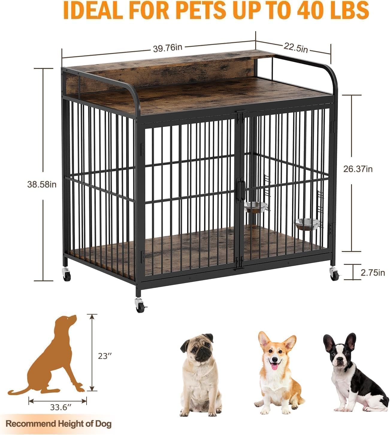 Wooden Dog Crate, Adjustable Feeder Kennel End Table for Medium Breeds, Robust Steel Frame with 360-Degree Wheels and Storage Shelf, Brown