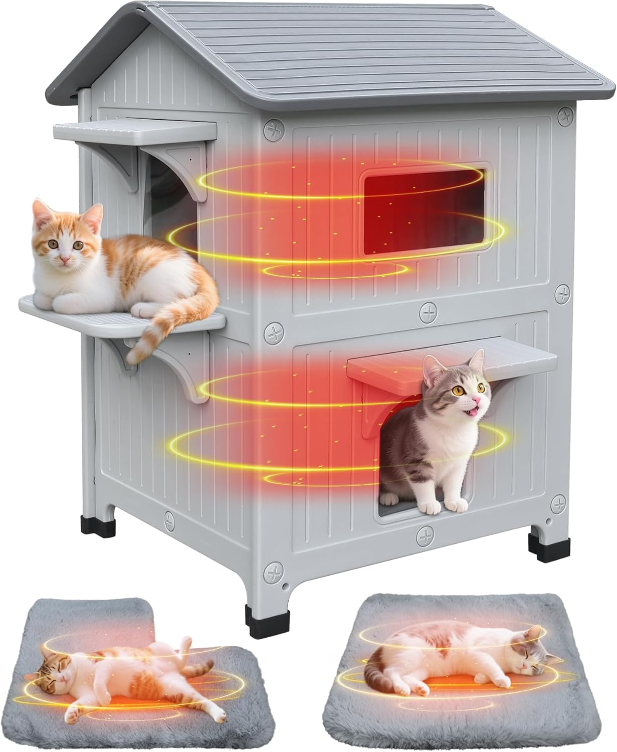 Plastic 2 Story Outdoor Cat House with Soft Mat,Cat House for Outdoor Cats with Escape Door, Waterproof Outside Cat Shelter, Clean and Assemble Easily