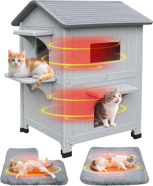 Plastic 2 Story Outdoor Cat House with Soft Mat,Cat House for Outdoor Cats with Escape Door, Waterproof Outside Cat Shelter, Clean and Assemble Easily