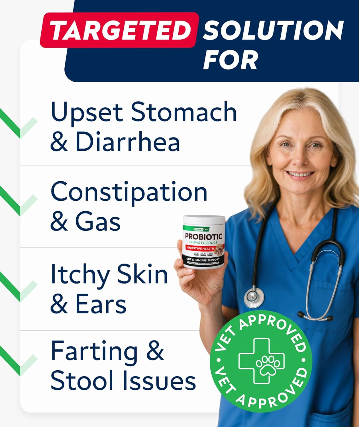 StrellaLab Dog Probiotics Treats for Picky Eaters - Digestive Enzymes + Prebiotics - Chewable Fiber Supplement - Allergy, Diarrhea, Gas, Constipation, Upset Stomach Relief - Improve Digestion&Immunity