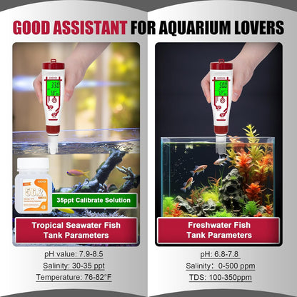 Aquarium Salinity pH Meter,Digital Salt Tester Kit for Saltwater Fish pH Meter Calibration Solution Kit,Includes pH 7.00, 10.01 and pH Electrode Protection Solution