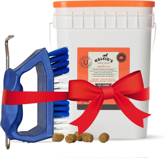 Kelcie’s Horse Care Essentials Bundle - Pumpkin Spice Horse Treats (15 lb) with Bucket + Hoof Pick Brush Grooming Tool | Healthy Treats & Easy Hoof Cleaning