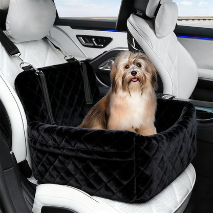 Dog Car Seat for Small/Medium Dogs, Memory Foam Dog Booster Seat up to 35lbs, Detachable Washable Pet Car Seat with Storage Pockets, Portable Pet Travel Bed with Seat Belt, Anti-Slip Base Black
