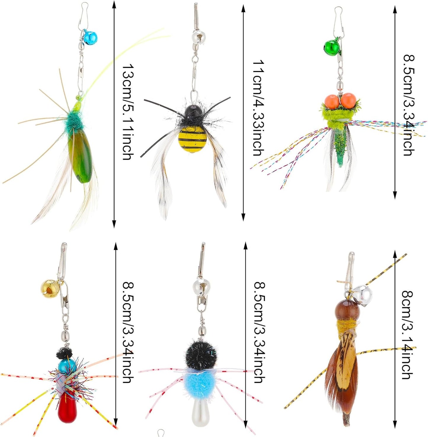 Cat Insect Feather Toys Replacement Cat Toy Wand Refills, 6 Pieces Natural Insect Cat Toy Feathers Refill, Interactive Cat Teaser Wand Attachments, with Bell(Style 8)