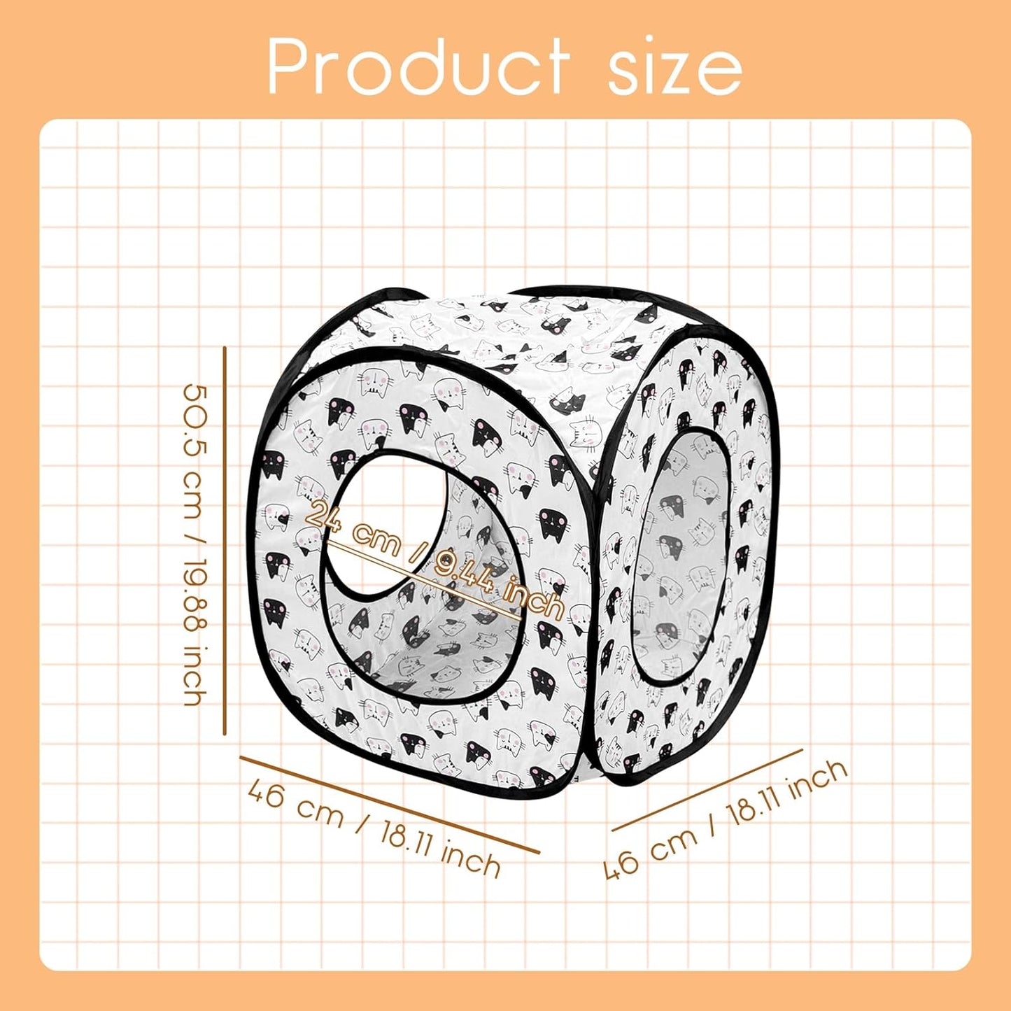 Andiker Cat Tent, 3 Holes Safe and Strong Cute Cats Tunnel Collapsible Easy to Carry Cat House for Indoor Cats Kittens Hiding Playing Training Sleeping (Square Black)