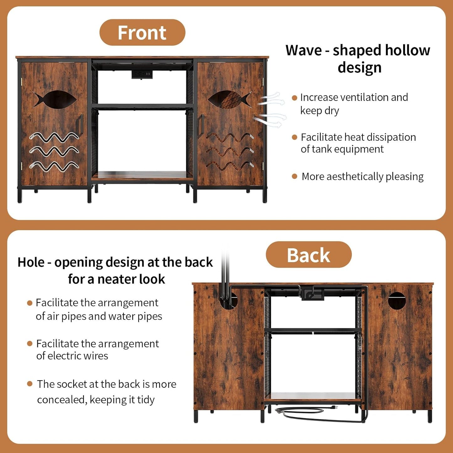 55-75 Gallon Fish Tank Stand with Power Outlet, Rustic Wood Aquarium Table with Cabinet and Shelf, Heavy Duty Metal Rack for Turtle Tank, Reptile Terrarium, 1000LBS Capacity, Brown