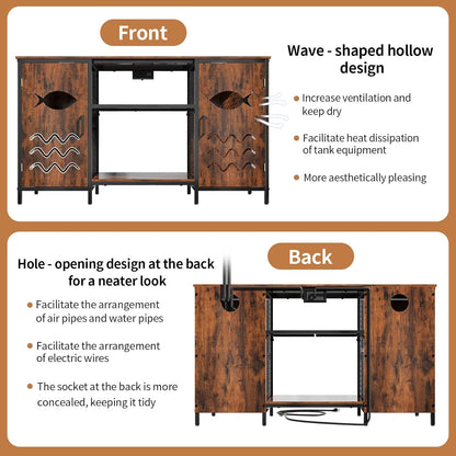 55-75 Gallon Fish Tank Stand with Power Outlet, Rustic Wood Aquarium Table with Cabinet and Shelf, Heavy Duty Metal Rack for Turtle Tank, Reptile Terrarium, 1000LBS Capacity, Brown