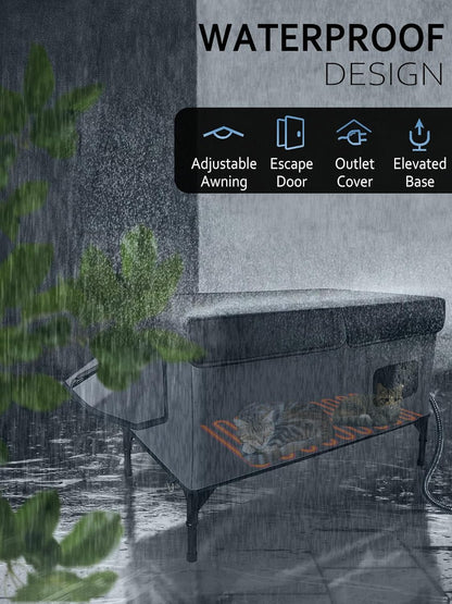 Heated Cat House for Outside Insulated in Winter,Super Large,Fully Waterproof,Adjustable Awning,Escape Door,Indoor Outdoor Cat Shelter for Feral Stray Barn Cat to Stay Warm&Dry,Black/Gray,L Size