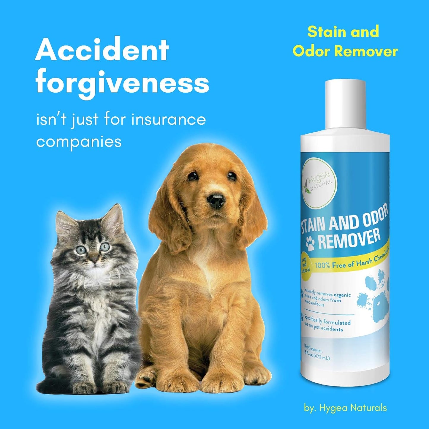 Hygea Natural Stain and Odor Eliminator, Pet Odor and Stain Remover for Urine & Vomit, Spot Carpet Cleaner for Small Animal, 16 Oz