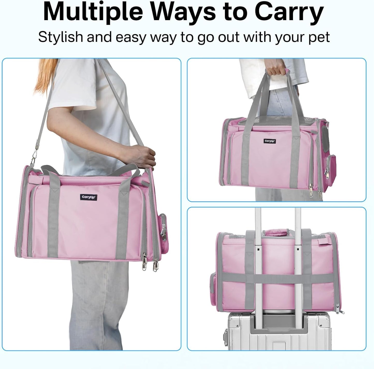 Expandable Cat Carrier, Airline Approved Soft Sided Pet Carrier for Cats & Small Dogs Up to 15 lbs, with Locking Safety Zippers & Cozy Fleece Pad, Portable for Car & Vet Visits, Pink