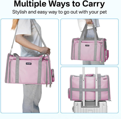 Expandable Cat Carrier, Airline Approved Soft Sided Pet Carrier for Cats & Small Dogs Up to 15 lbs, with Locking Safety Zippers & Cozy Fleece Pad, Portable for Car & Vet Visits, Pink