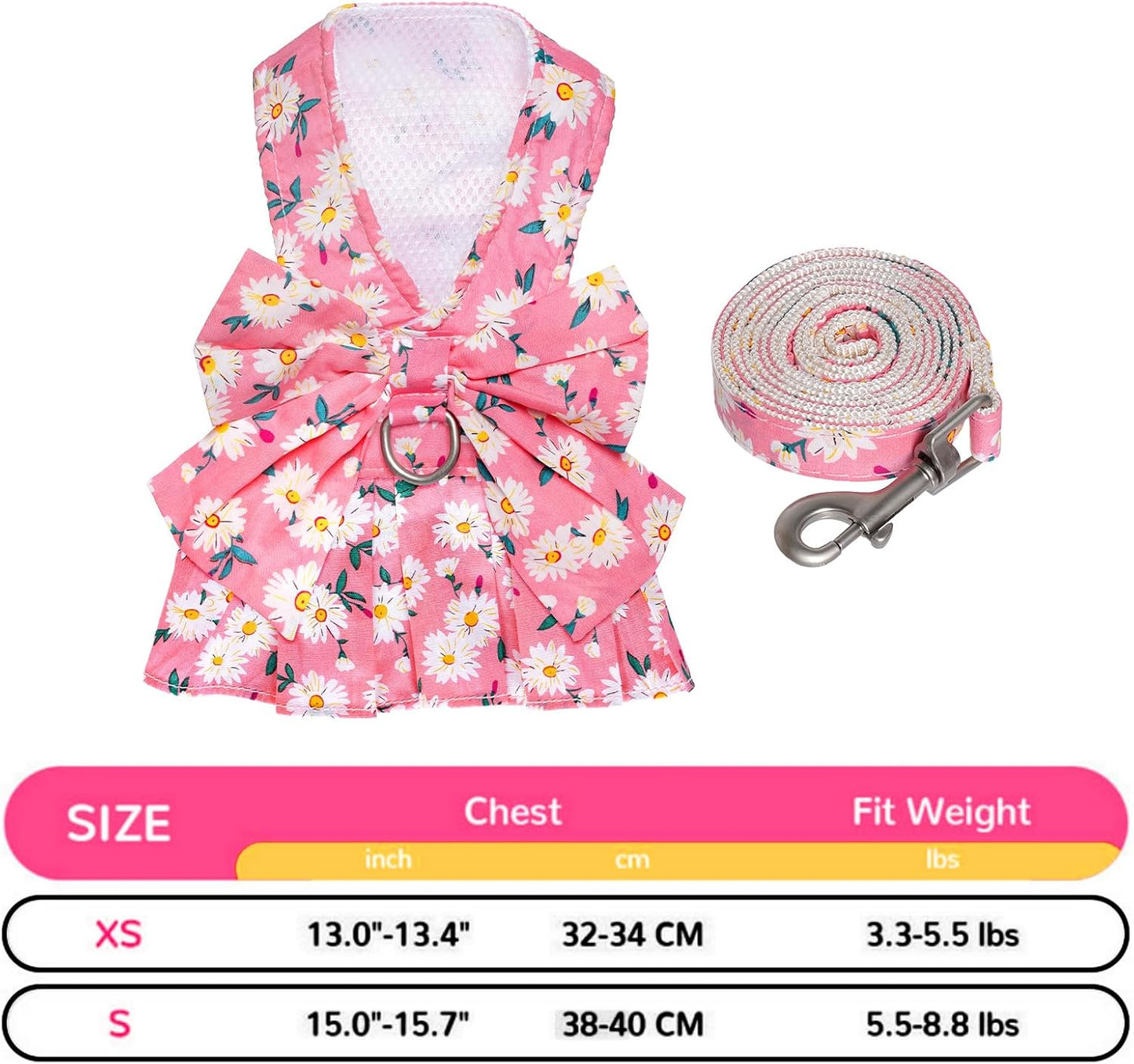 Dog Dress Bowknot Harness and Leash Set Adjustable Puppy Harness Mesh Vest Set Bow Knot Pet Clothes for Small Girl Dog Cat (X-Small, Pink)