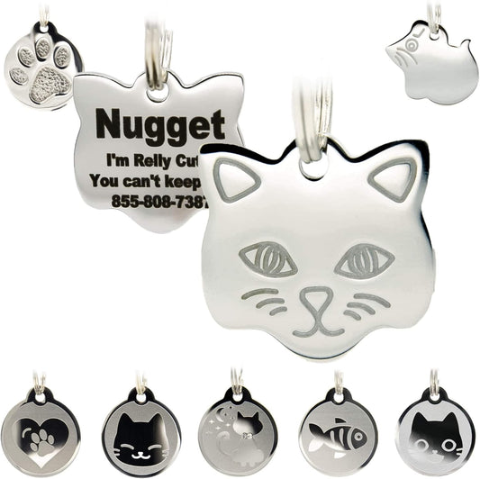 Stainless Steel Cat ID Tags - Engraved Personalized Tags with up to 4 Lines of Text, Cat Shape