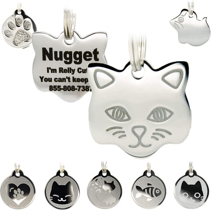 Stainless Steel Cat ID Tags - Engraved Personalized Tags with up to 4 Lines of Text, Cat Shape