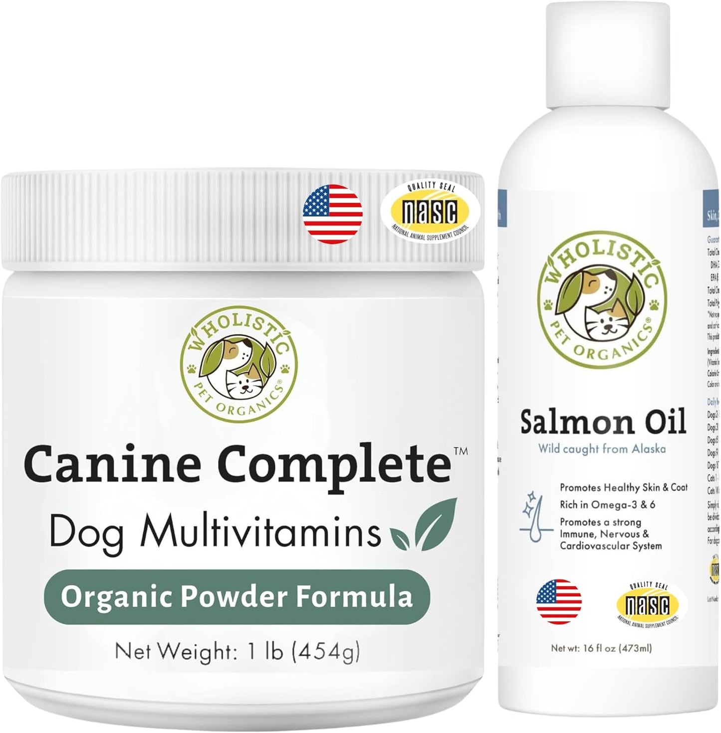 Wholistic Pet Organics Canine Complete & Salmon Oil - Dog Vitamins with Wild Alaskan Salmon Oil for Immune System, Skin, Coat & Overall Health - 1 lb Each