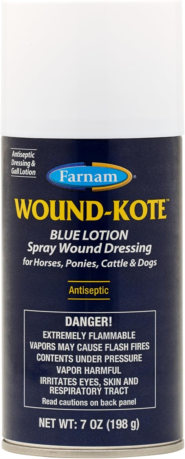 Farnam Wound-Kote Blue Lotion Spray Horse Wound Care for use on Horses and Dogs, Antiseptic Properties, for Minor Wounds, Cuts and Sores, 7 Oz.