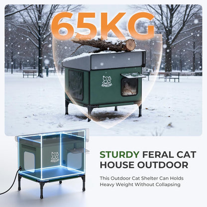 Apasiri Heated Cat House for Outdoor: Weatherproof Outside Cat Shelter, Insulated Cat House Outdoor with Heated Pad, Sloping Roof & Escape Door, Elevated Base for Stray Cats, Small