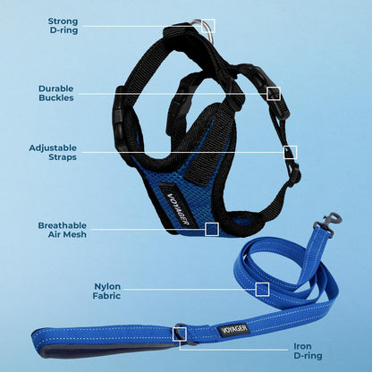 Best Pet Supplies Voyager Step-in Lock Pet Harness w Reflective Pet Leash Combo Set with Neoprene Handle 5ft - Supports Small, Medium and Large Breed Puppies/Cats - Royal Blue/Black Trim Set, M