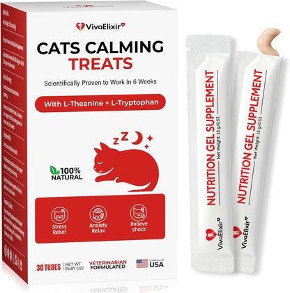 Cat Relief Treats – L-Theanine + L-Tryptophan | Lickable, Relieves Anxiety and Stress in Cats | Sleep and Relaxation Supplement | On-The-Go - 30 Tablets, Vet-Formulated, Made in The USA
