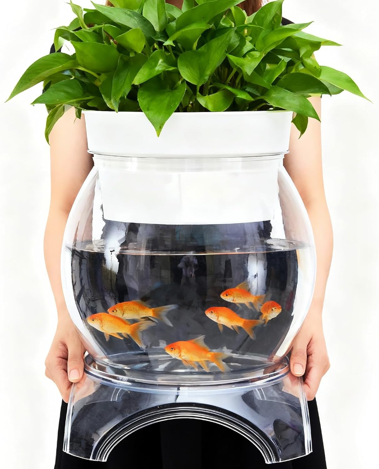 Geelin Plastic Fish Tank with Hydroponic Top and Base, Aquaponic Planter Bowl Shatterproof with Clear Clarity for Terrarium, Flower Vase Centerpiece Gift for Fish Lovers (Round)(5 Gallon)