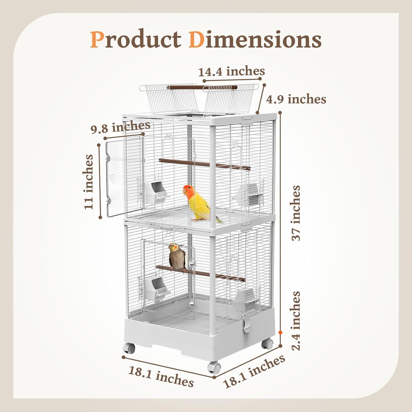 2-in-1 Dividable Double Flight Cage, Tall Bird Cage with Play Top & Clear View Front for Parakeets, Cockatiels, Lovebirds, 2-Level Breeder Cage on Wheels with 0.4" Bar Spacing & Accessories