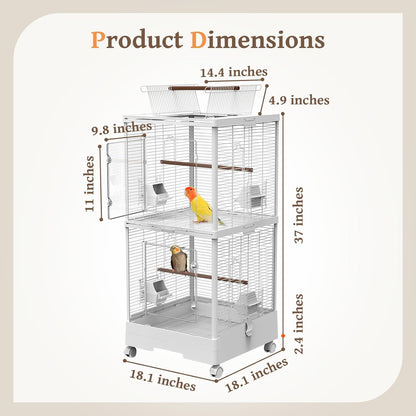 2-in-1 Dividable Double Flight Cage, Tall Bird Cage with Play Top & Clear View Front for Parakeets, Cockatiels, Lovebirds, 2-Level Breeder Cage on Wheels with 0.4" Bar Spacing & Accessories