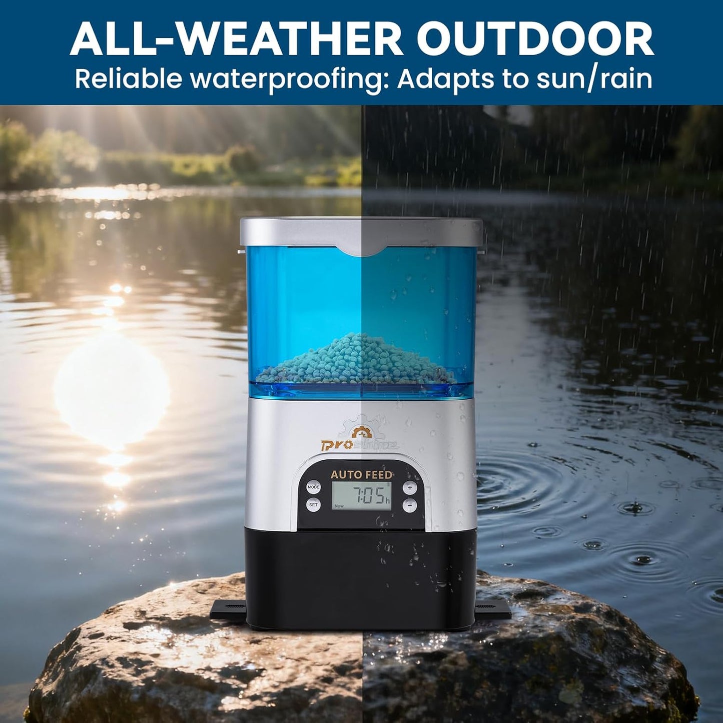 Automatic Fish Feeder for Pond Solar Powered 2.8L Capacity, Battery & AC Auto Timed Fish Feeder for Pond Indoor & Outdoor, Animal-Proof