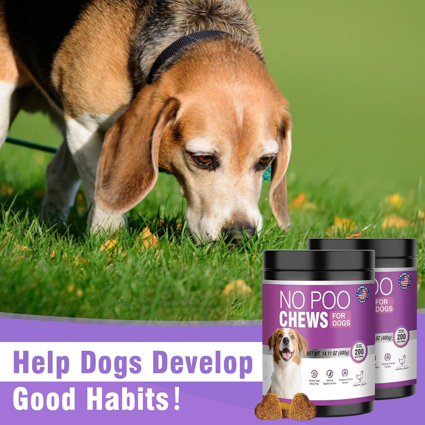 400 Chews No Poo Chews For Dogs-Stool Deterrent For Dog Eating Poop-Coprophagia Deterrent For Dogs-Gut Health & Immune Support-Digestive Enzymes Probiotics Supplement-2*200 Soft Chews-Chicken Flavor