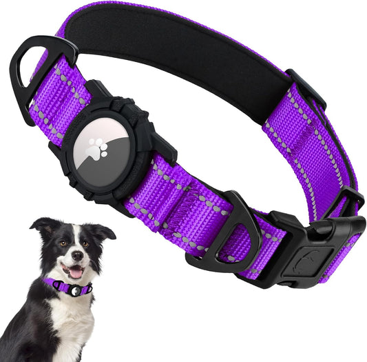 Taglory Reflective AirTag Dog Collar with Airtag Holder, Dual D-Rings, Safety Locking Buckle Durable, Adjustable Soft Padded for Medium Dogs, Purple, M