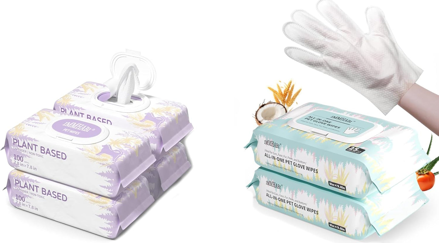 50-Count Pet Glove Wipes + 400-Ct Square Wipes Bundle | Odor Control & Thick Cleaning | Paws/Ears + Fur/Surfaces
