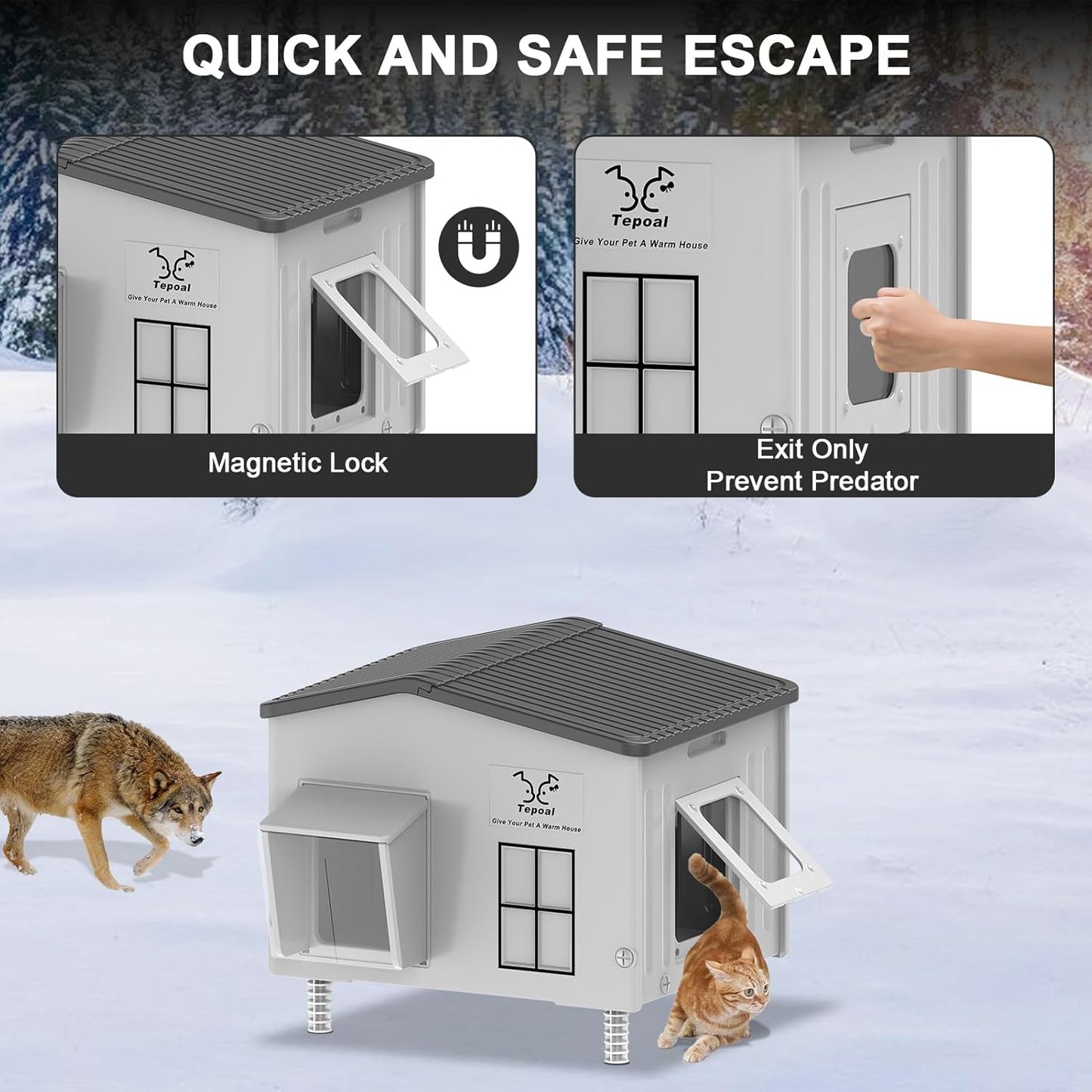 Large Plastic Heated Cat House for Outside in Winter, 100% Weatherproof & Insulated Outdoor Heated Cat House with Safe Escape Door, Elevated Feral Cats Shelter for Barn Cats 21.6"x17"x19.7"