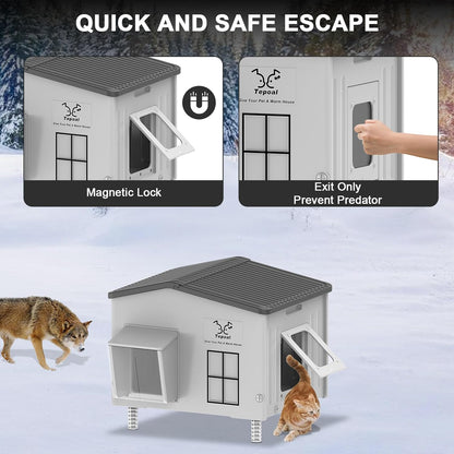 Large Plastic Heated Cat House for Outside in Winter, 100% Weatherproof & Insulated Outdoor Heated Cat House with Safe Escape Door, Elevated Feral Cats Shelter for Barn Cats 21.6"x17"x19.7"