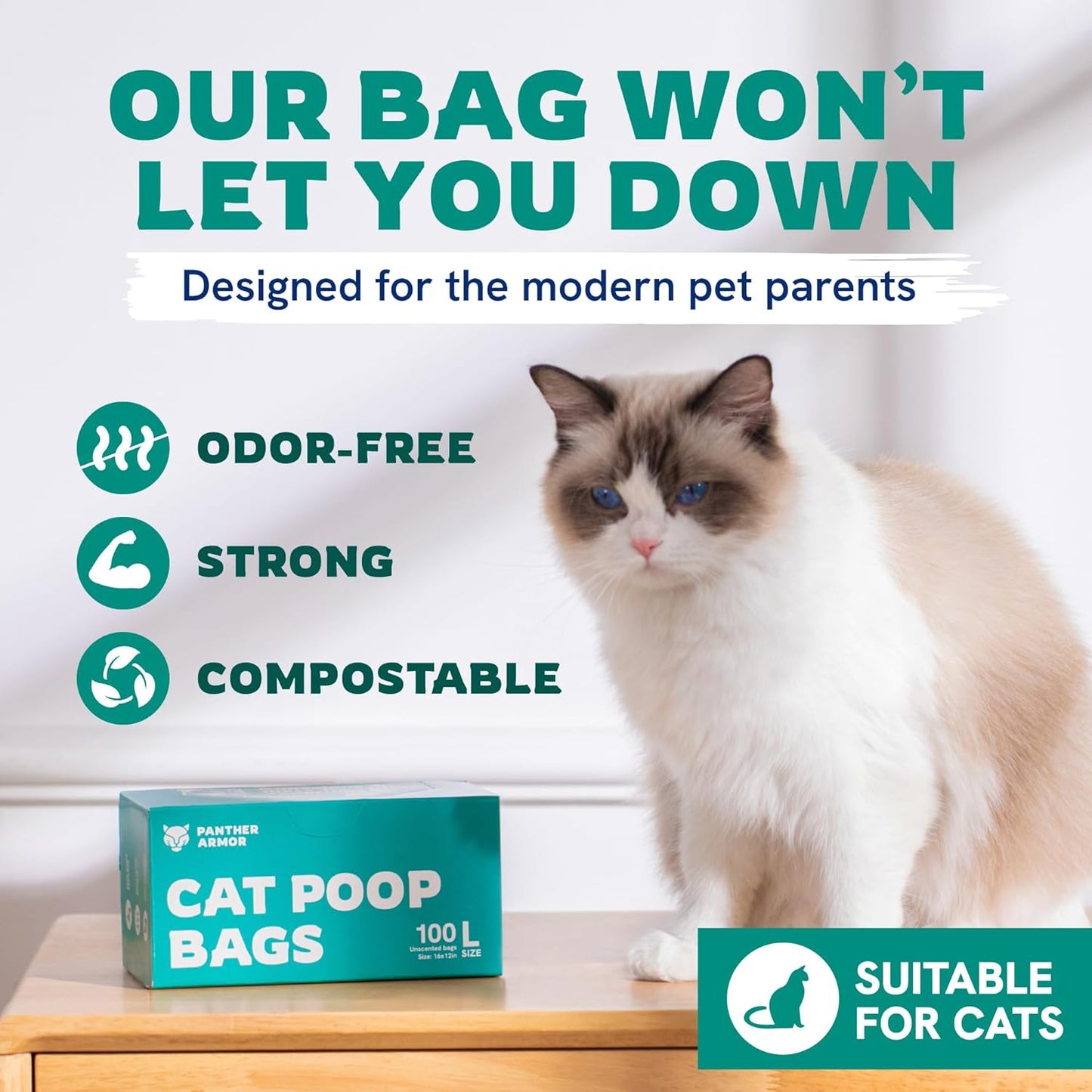 Panther Armor Cat Litter Bags, 100 Large Compostable Unscented Poop Bags -16x12in Super Large Kitty - Leak Proof Box Trash - Odor Proof Cat Disposal