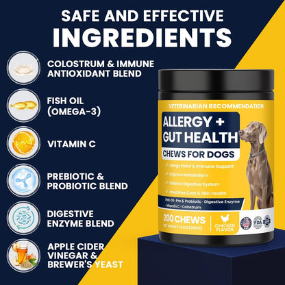Dog Allergy Chews Probiotics for Dogs Yeast, Itchy Skin and Itchy Ears Itch Relief Immune Pre Probiotic Chews for Pet Digestive Gut Health Anti Itch Supplement for Itching and Licking Dogs Allergies