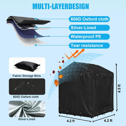 Outdoor Dog Kennel Cover for 4.2'Dx4.2'Wx4.5'H Crate with 3-in-1 Window, 600D Polyester Full Coverage & Silver-Coated Interior Waterproof Dog Crate Cover for Large Dog Cage Outdoor (Cover Only)