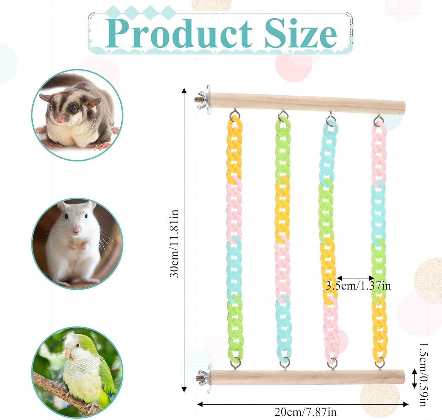 Colorful Sugar Glider Toys and Cage Accessories Natural Wood with Sturdy, Chains Hanging Sugar Glider and Rat Cage Accessories Enrichment Toys for Small Animals and Parrots