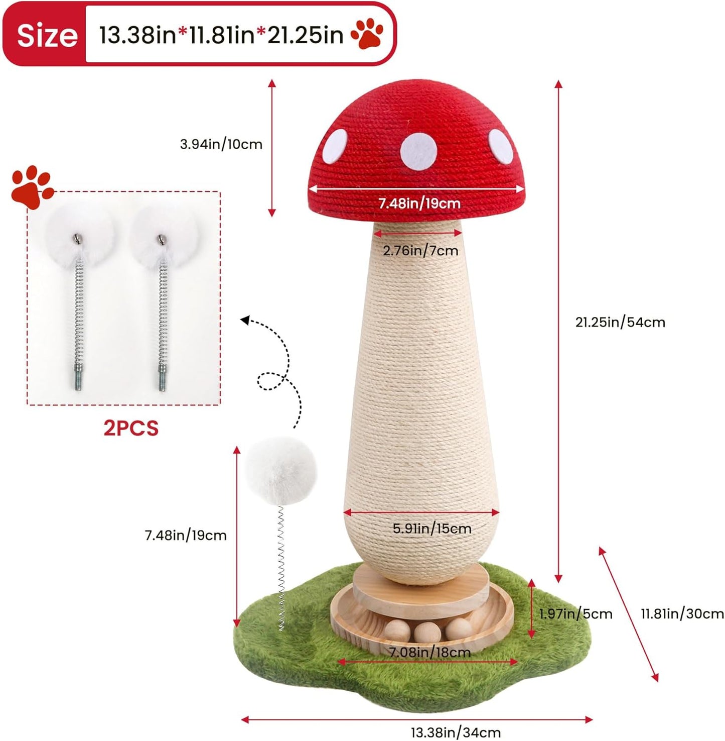Cat Scratching Post,Mushroom Cat Scratcher with Sisal Scratching Poles with Interactive Toy Ball,Indoor Cat Toy
