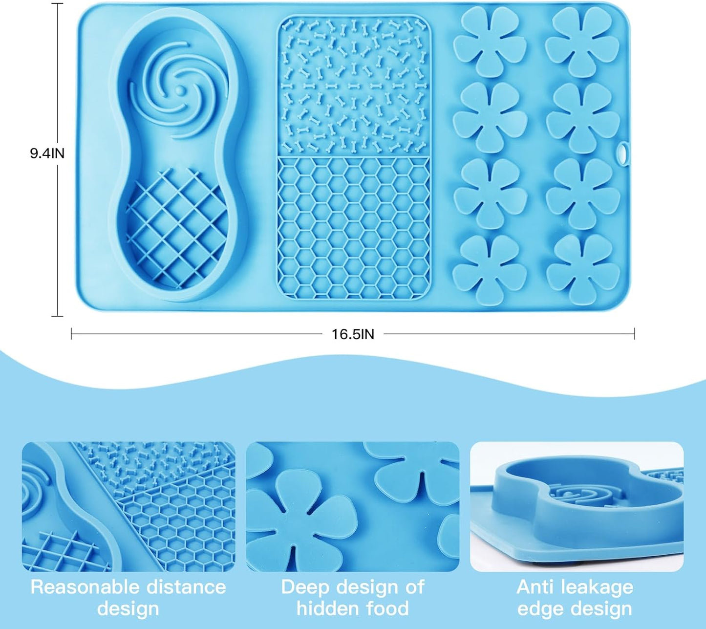 LONGFITE Large Dog Feeding Licking Snuffle Mat Silicone Slower Feeder Lick Mats Multi Use for Dry&Wet Food and Water with Brush and Spatula (Blue)