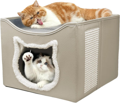 Cat Beds for Indoor Cats, Large Cat Houses with Cozy Condo,with Premium Tech Fabric& Scratch Pad, Round Window, Foldable Indoor Cat House Hold Up to 30LBS, with Reversible Cushion for Multi Small Pet