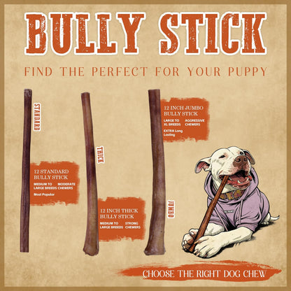 Jumbo Bully Sticks 12" for Large Dogs, 5 Count Natural Beef Dog Chews Long Lasting, Dog Treats Bones for Aggressive Chewers - Single Ingredient