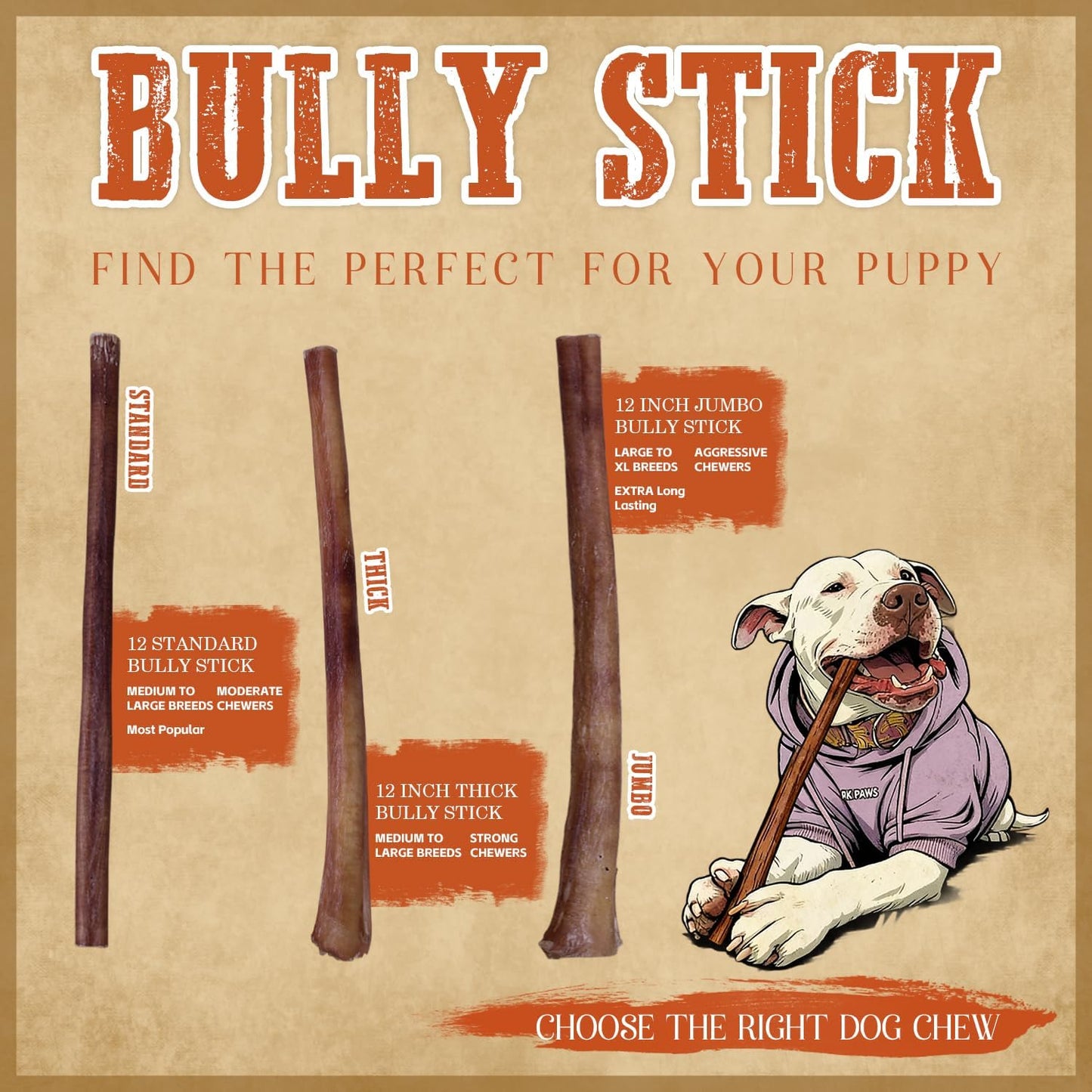 Jumbo Bully Sticks 12" for Large Dogs, 5 Count Natural Beef Dog Chews Long Lasting, Dog Treats Bones for Aggressive Chewers - Single Ingredient