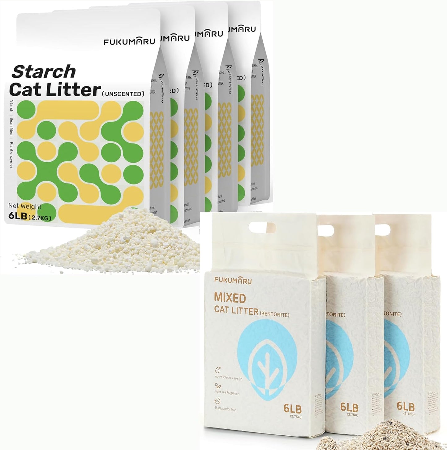 FUKUMARU 18LB Tofu Cat Litter White Tea and 24LB Cassava Cat Litter, Natural Ingredients, Quick Clumping, Lightweight, 24/7 Odor Control