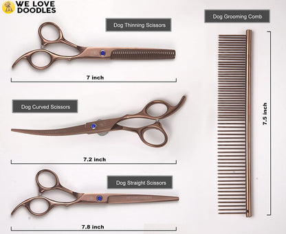 Dog Grooming Scissors Kit - Best Tools for Goldendoodles, Poodles & Doodles - Straight, Curved & Thinning Shears - Golden Doodle Grooming Kit - Professional Grade Steel, 4 Pc Set [We Love Doodles]