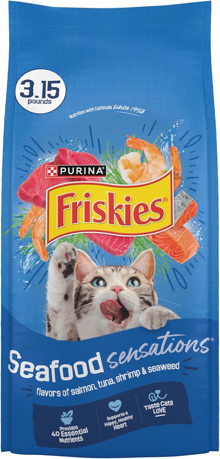 Purina Friskies Dry Cat Food Seafood Sensations With Salmon, Tuna, and Shrimp Flavors - (Pack of 4) 3.15 lb. Bags