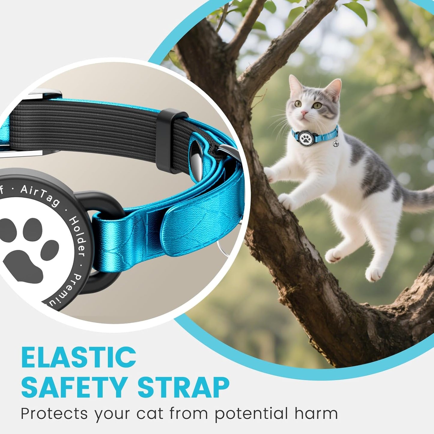 Leather Airtag Cat Collar - Waterproof Cat Collar AirTag Holder with Metal Buckle | Comfortable, Glossy Cats Tracker Collars with Bell for Girl Boy Cats, Kittens, and Puppies (Blue)