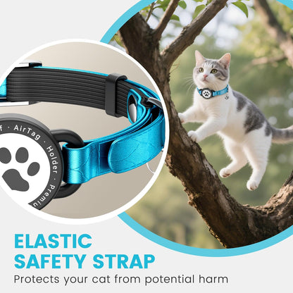 Leather Airtag Cat Collar - Waterproof Cat Collar AirTag Holder with Metal Buckle | Comfortable, Glossy Cats Tracker Collars with Bell for Girl Boy Cats, Kittens, and Puppies (Blue)